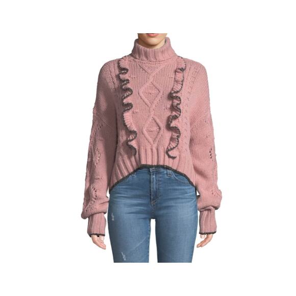 Cinq a Sept Edna Ruffle Turtleneck Cropped Sweater Mauve Rose Size Medium NWT - Picture 1 of 16